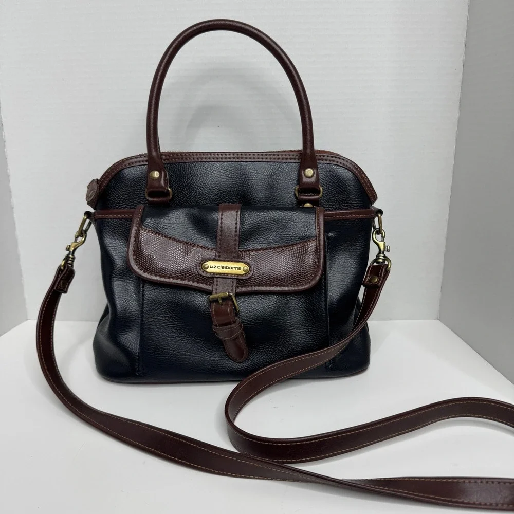 Liz Claiborne Black Brown Pebble Grain Satchel Crossbody Bag Brass Hardware
